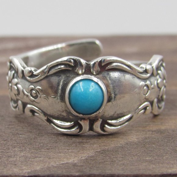 Jewelry - Size 5 Sterling Silver Blue Inlay Floral Open Ring